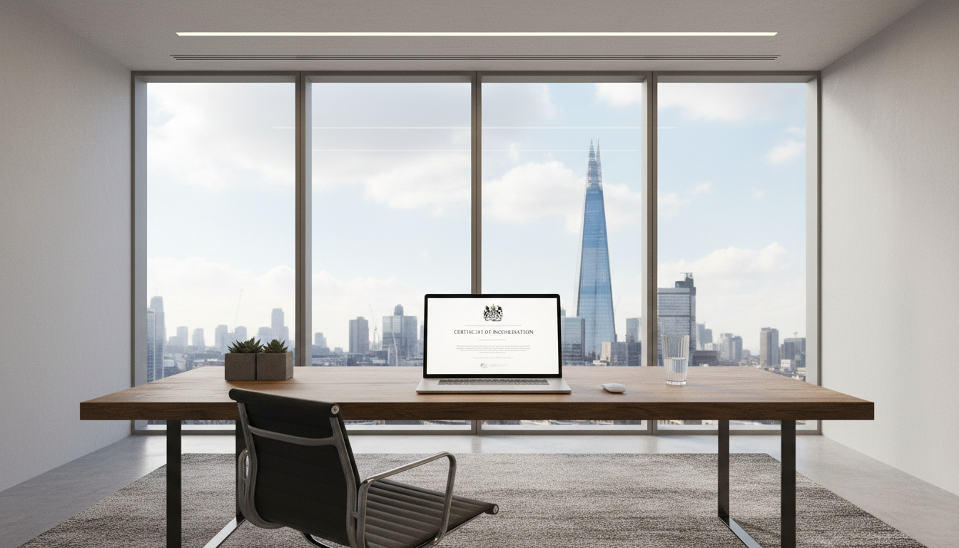 A professional modern office workspace in London with a view of the Shard through the window, featuring a sleek laptop on a wooden desk displaying a 'Certificate of Incorporation' and a glass of water, minimalist and high-end aesthetic.