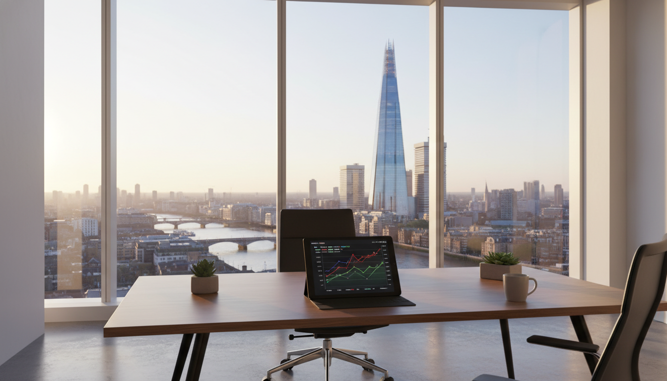 A modern office space in a London skyscraper overlooking the River Thames and the Shard, with a digital tablet on a wooden desk showing a diversified investment portfolio graph, high resolution, soft morning sunlight.