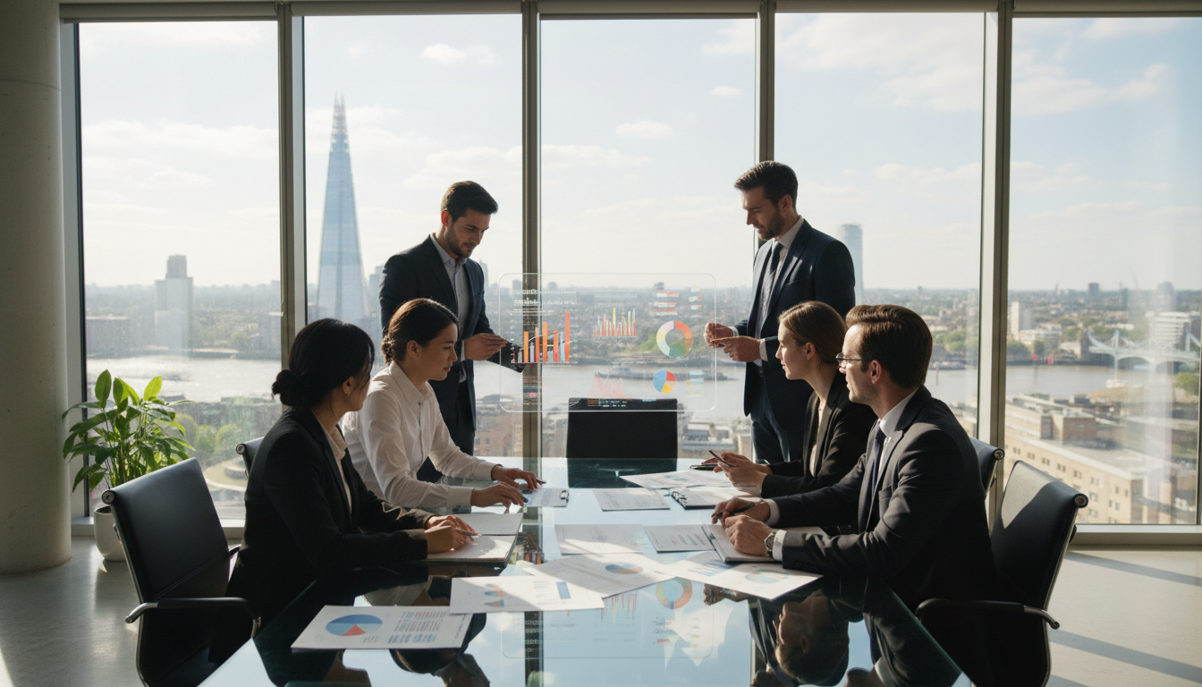 A professional and diverse group of business partners reviewing financial documents and digital charts in a sun-lit, modern London office overlooking the River Thames, high-quality photography style