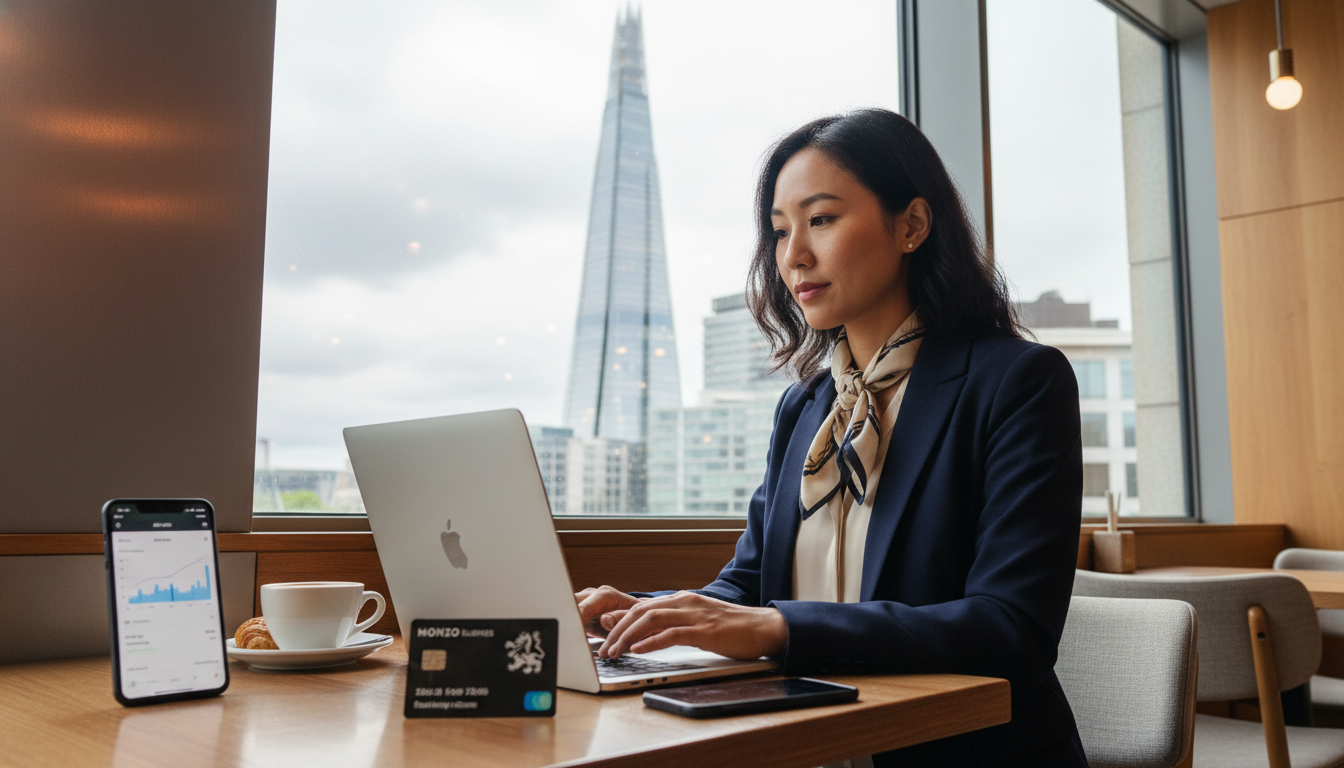 A professional person of diverse background sitting in a modern London coffee shop, using a high-end laptop with a view of the Shard in the background, a British business debit card resting on the table next to a smartphone showing a financial app.