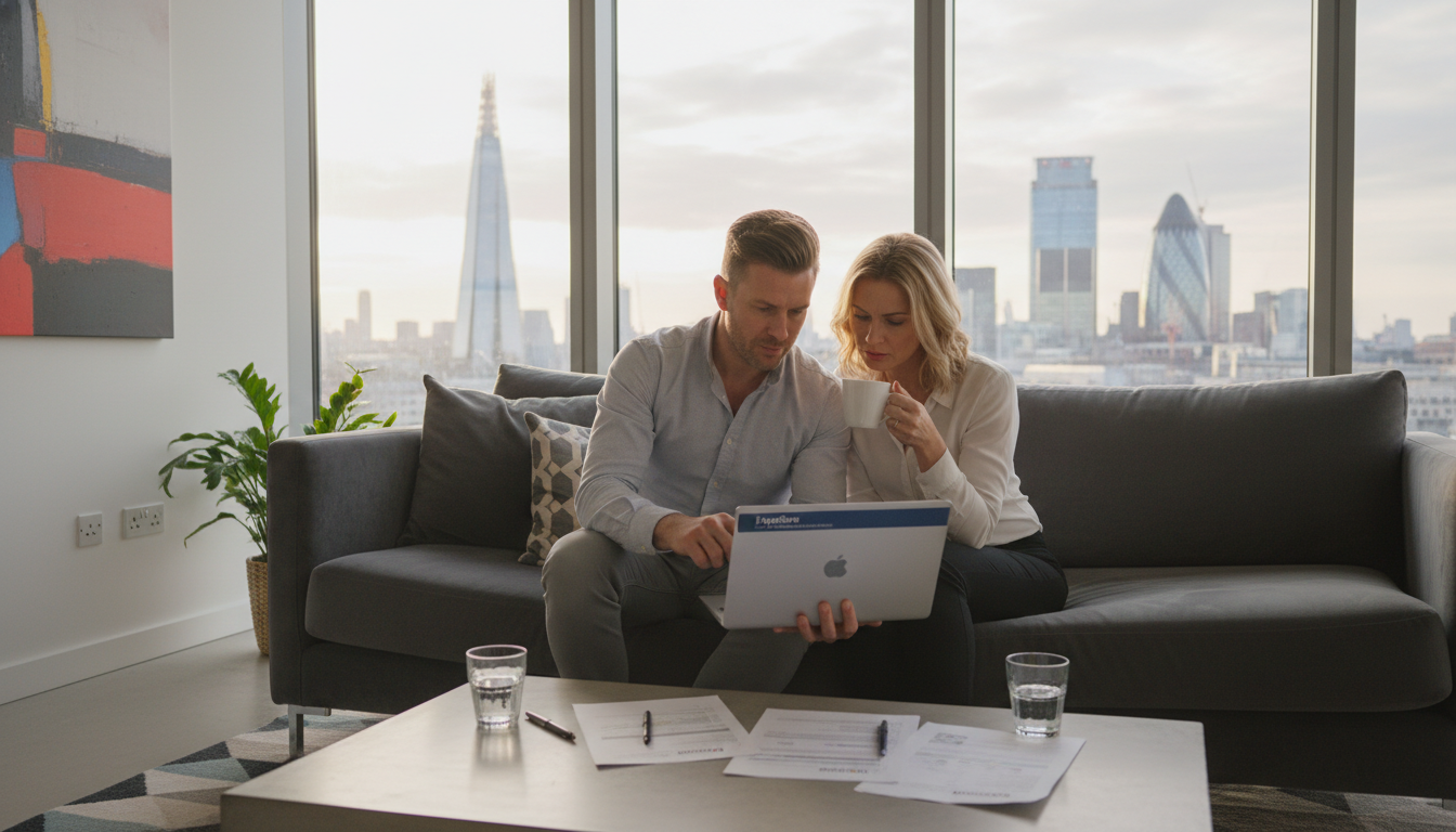 A professional expat couple sitting in a modern British living room, looking through insurance documents on a laptop with a view of London skyline in the background, soft natural lighting.