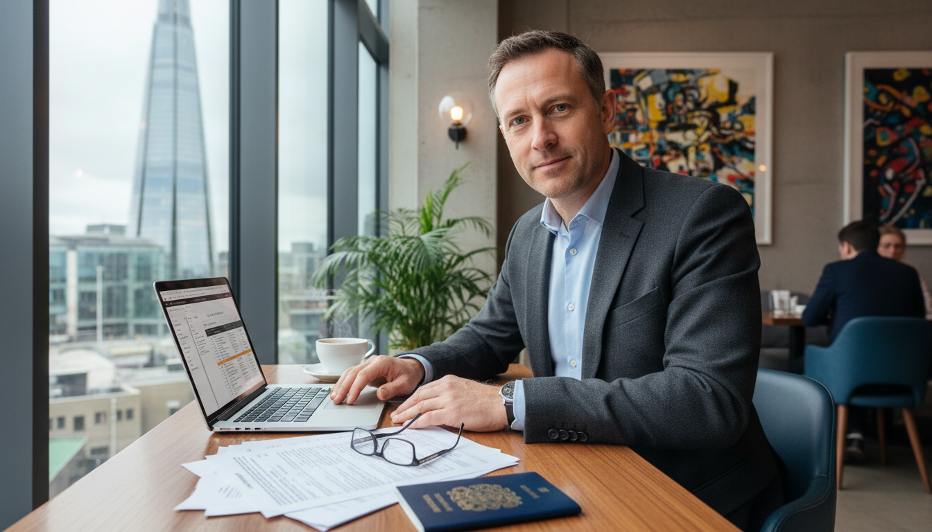 A professional expat entrepreneur sitting in a modern London cafe with a view of the Shard in the background, working on a sleek laptop with legal documents, a cup of tea, and a British passport nearby on a wooden table.