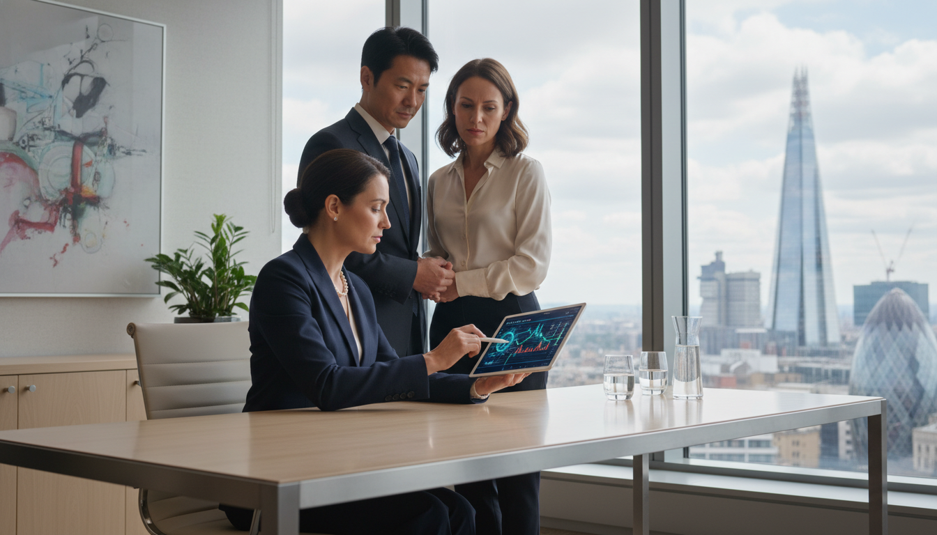 A professional financial consultant sitting at a modern desk in a London high-rise, reviewing complex digital charts on a tablet while an international couple looks on thoughtfully, soft daylight illuminating the room, professional and high-end atmosphere.