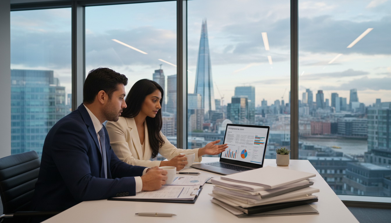 A professional accountant sitting in a modern London office with a view of the Shard in the background, discussing complex tax documents with a diverse couple over a laptop and coffee.