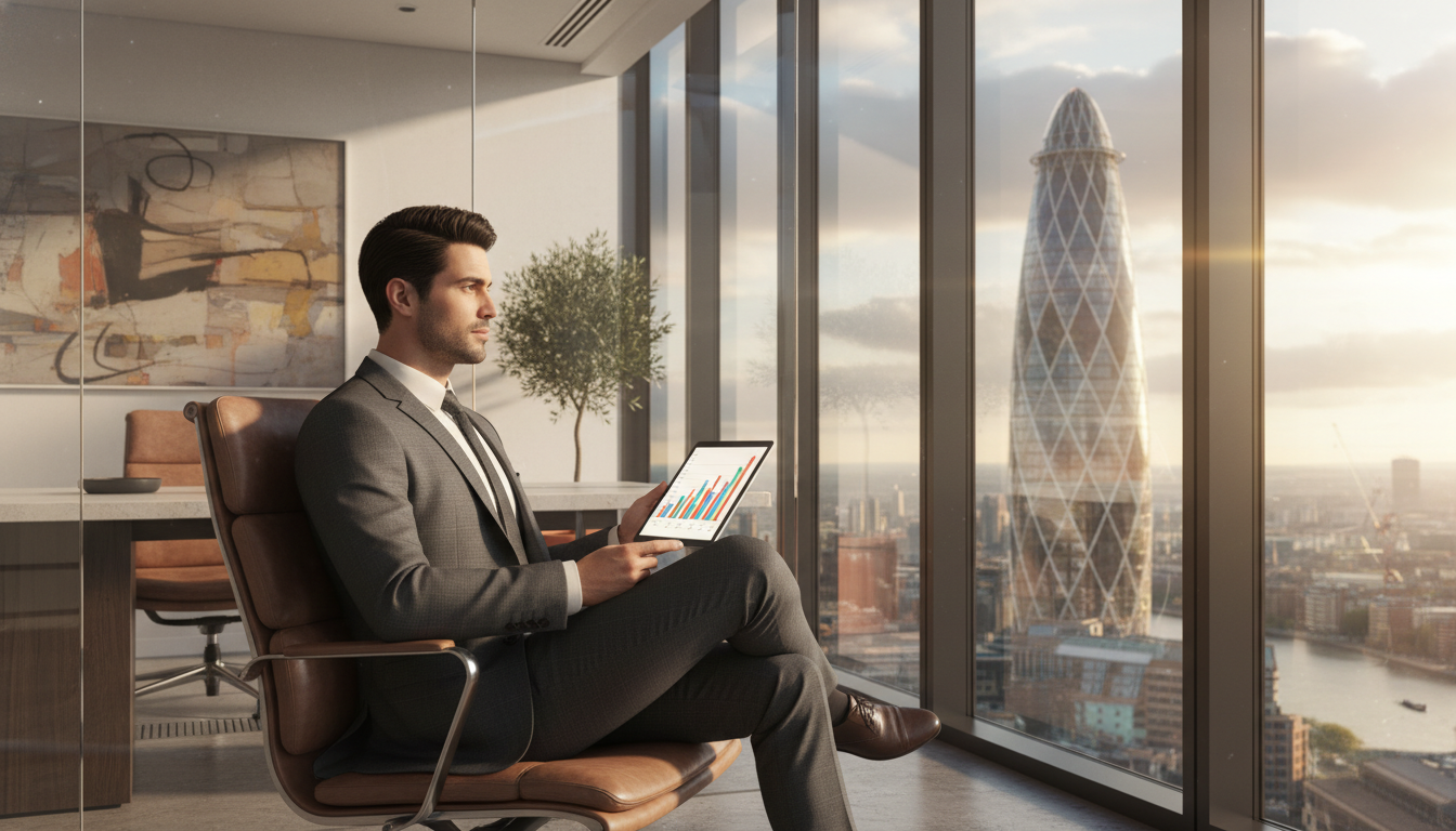 A professional expat entrepreneur sitting in a modern glass-walled office in London, looking out at the Gherkin skyscraper while holding a digital tablet with business charts, photorealistic, cinematic lighting, 8k resolution