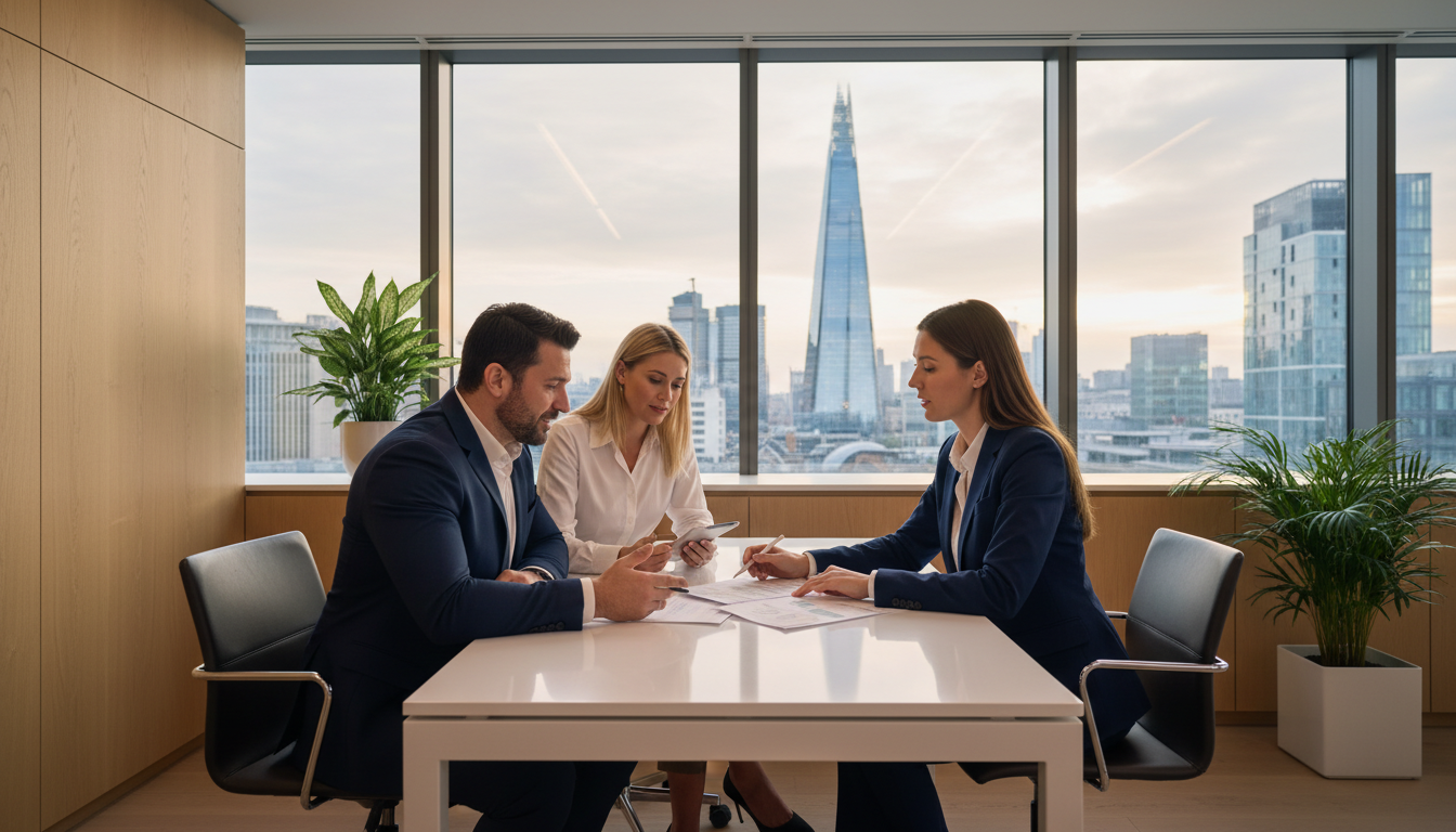 A professional consultant sitting at a clean, modern desk in a London office with a view of the Shard, discussing documents with an international couple, soft lighting, high resolution, professional photography style.