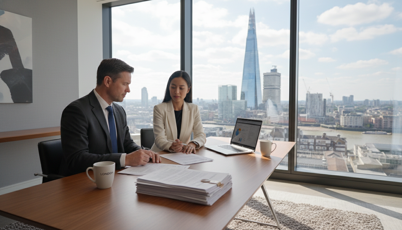 A professional office setting in London with a view of the Shard, featuring two people—a lawyer and an expat client—reviewing legal documents on a modern desk with a laptop and a cup of coffee.