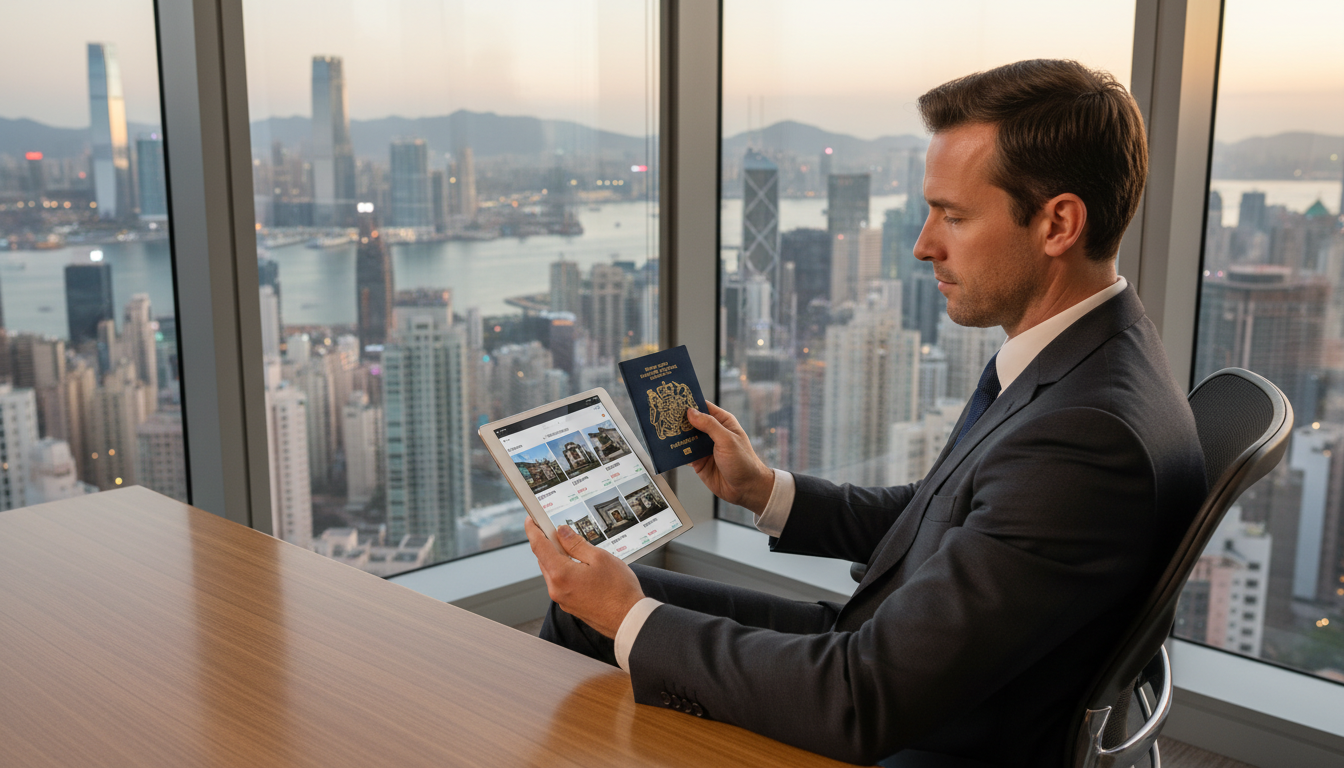 A professional person sitting in a modern office with a view of a global city skyline like Dubai or Hong Kong, holding a British passport in one hand and looking at a digital tablet displaying UK real estate listings, high-end photography style.